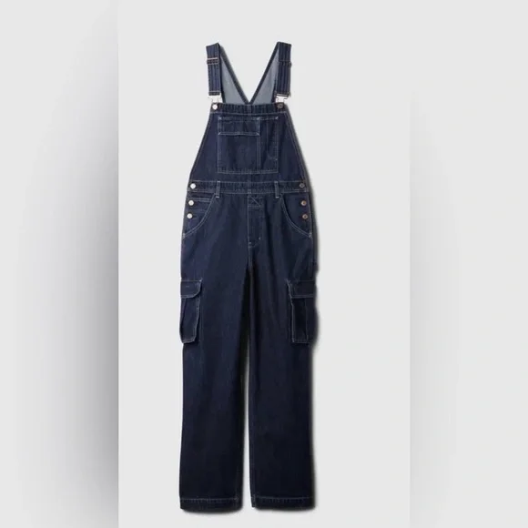 Gap Dark Wash Relaxed Fit Cargo Oversized Overalls Jumpsuit NWOT Large - Picture 3 of 7